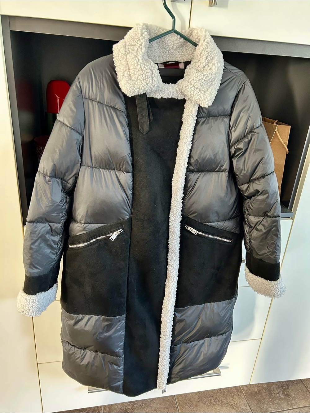 Women’s Black Puffer Coat with Cream Sherpa Trim